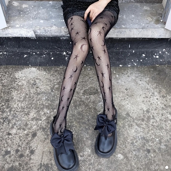 Moon 🌙 & Star 🌟  fishnet tights One size fits most Black - Picture 4 of 7